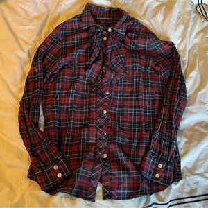 Red and black plaid shirt with a ruffle neckline size medium